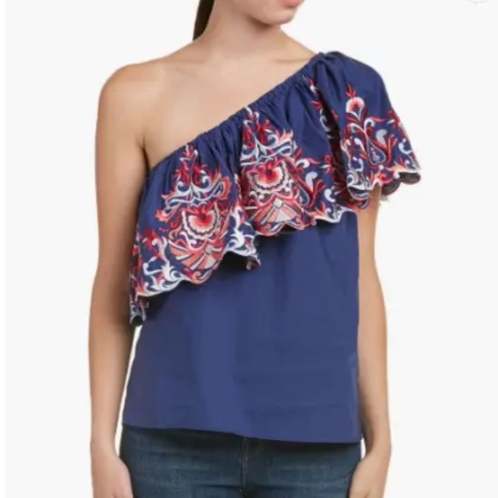 Parker One Shoulder Embroidered Ruffle Top - size Large
